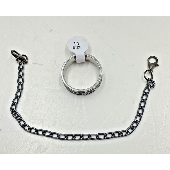 Men's Size 11 Band Ring Silver Black Floral Pattern w/ Gunmetal Chain - Picture 2 of 2